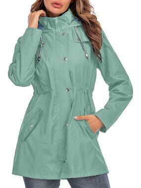 Women's Cyan Hooded Striped Lined Waterproof Active Hiking Packable Rain Jacket